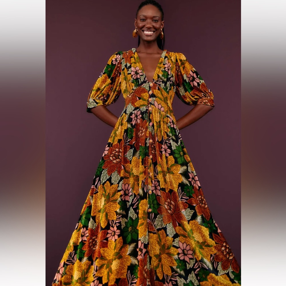 NWT $ 345 Farm Rio Black GardenVelvet  Long Sleeve Midi  Dress